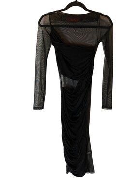 Sheer Black Mesh Long Sleeve Dress With Ruched Detail By Arancia Small